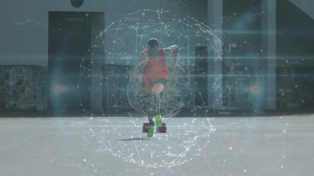 Male athlete entering frame, running hopping red blocks for fitness while digital sphere encircling
