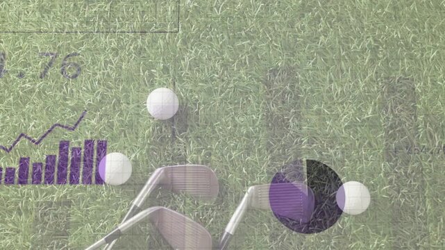 Faint overlays appearing over golf irons and balls, collecting and analysing shot data