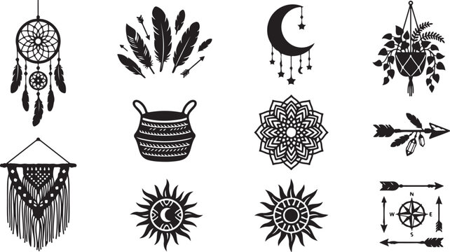 Set of black boho featuring dreamcatchers, feathers, macrame wall hangings, celestial sun and moon symbols, potted hanging plants, woven baskets, mandalas, arrows, and a compass rose