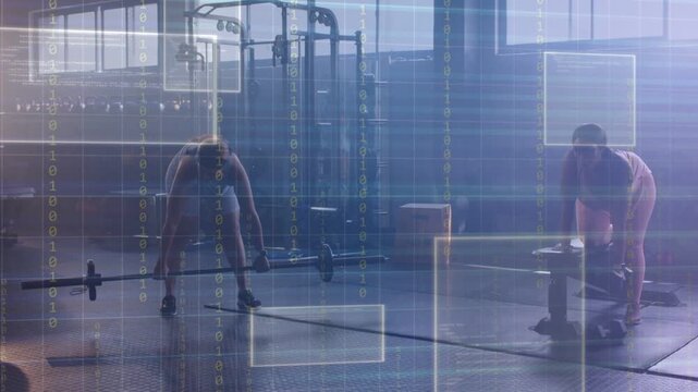 Two women starting fitness set in gym, lowering for deadlift and rowing, overlays showing barbell