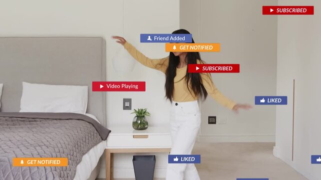 Woman entering bedroom then spinning causing sub like msg badges popping near bed, promoting ads