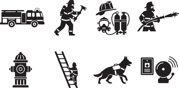 Set of black firefighter featuring a fire truck, a fireman with an axe, breathing apparatus, a hose, a hydrant, a ladder, a rescue dog, and a fire alarm bell on a white background