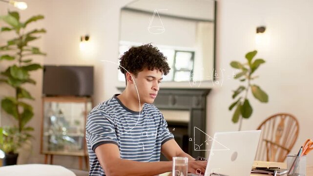 Man typing on laptop in home study, white math diagrams appearing and spreading, aiding studying
