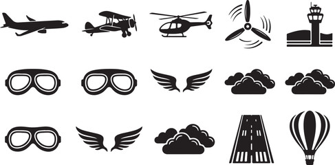 Set of black silhouette featuring aviation themes, including airplanes, vintage biplanes, helicopters, propellers, control towers, pilot goggles, wings, clouds, runways, and balloons © MdAbu
