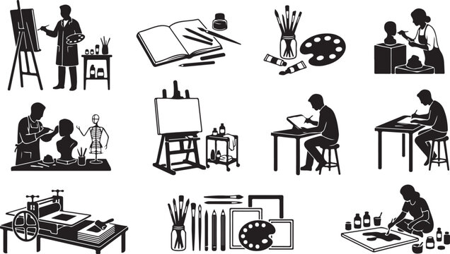 Set of black silhouette depicting artists, painters, and sculptors at work with various supplies, easels, canvases, sketchbooks, printing presses, and tools on a white background