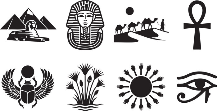 Set of eight black and white egyptian featuring the sphinx, pharaoh tutankhamun mask, desert camel caravan, ankh cross, winged scarab beetle, papyrus reeds, sun with hands, and eye of horus