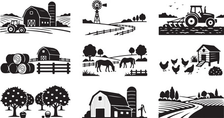 Obraz premium Set of nine black and white farm featuring barns, tractors, livestock, windmills, orchards, and rural landscapes, rendered in a clean, flat, silhouette style for agricultural themes