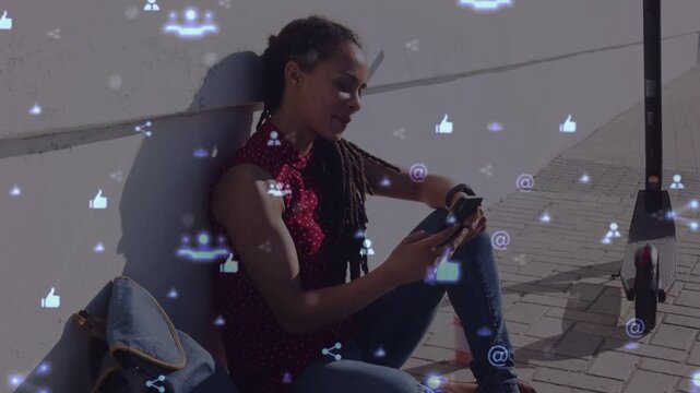 Woman scrolling phone on sidewalk, tapping and making social media icons rise while reacting