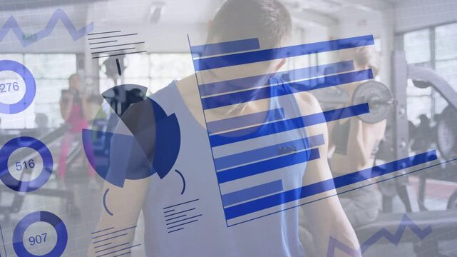 Man in tank lowering shaker then doing bicep curls as fitness charts sliding updating form metrics