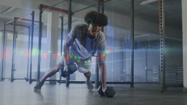 Man starting row from plank, switching dumbbell sides in gym fitness wave overlay moving over him
