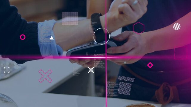 Barista holding POS while customer tapping watch, magenta overlay sweeping, paying, placing cup
