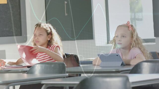 Two pupils sorting red folder then starting notebook notes, right watching tablet, waveform overlay