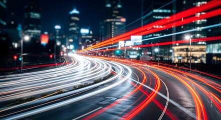 Fototapeta premium Nighttime cityscape with streaking lights illustrating speed and movement
