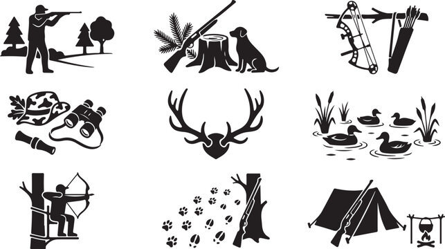 Set of nine black silhouette depicting hunting activities, including a hunter with a rifle, a dog by a tree stump, a compound bow, binoculars, deer antlers, ducks in a pond, and a campsite