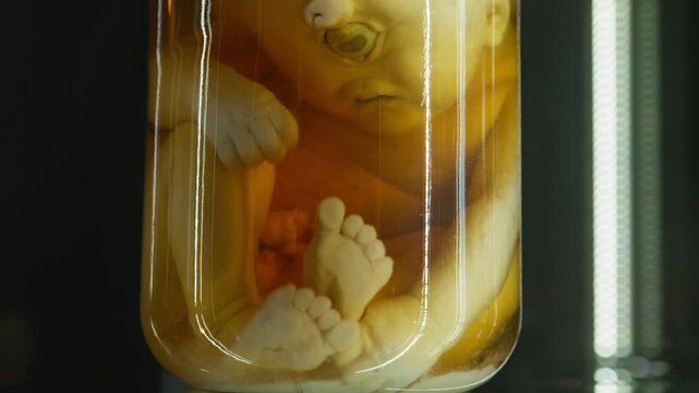 Exhibition of anatomical exhibits. A human infant with the pathological development of anencephaly