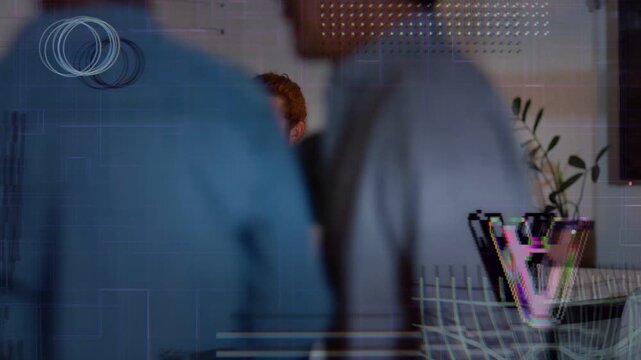Pair at tablet, passer shifting focus and peer joining, glass overlay hiding view, office reviewing