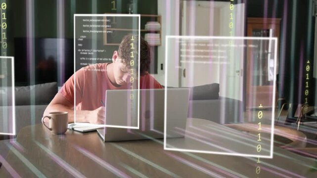 When typing, adult male studying on laptop while tech overlays layering over him, building receding