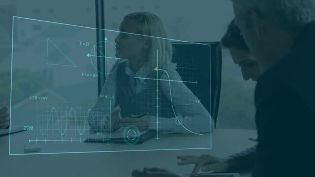 Lead writing and talking while pentagon appearing expanding into tech HUD over table for analysis