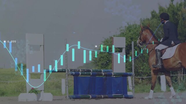 Male rider shortening reins, bay horse taking off, clearing jump for finance candlestick overlaying