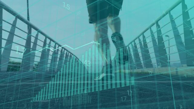 Male runner entering frame on bridge, shoe stepping by lens, animated charts tracking sports pace