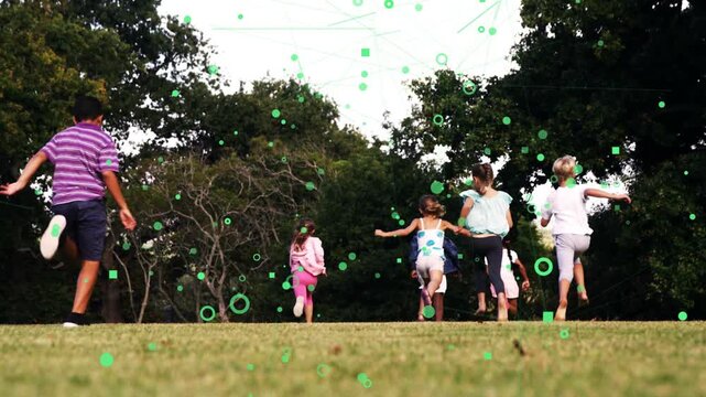 Children playing toward trees, boy joining and sparking green overlay moving over kids for ads