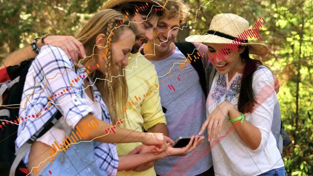 Four adults leaning on path, tapping phone and starting tech waveform covering scene, faces visible