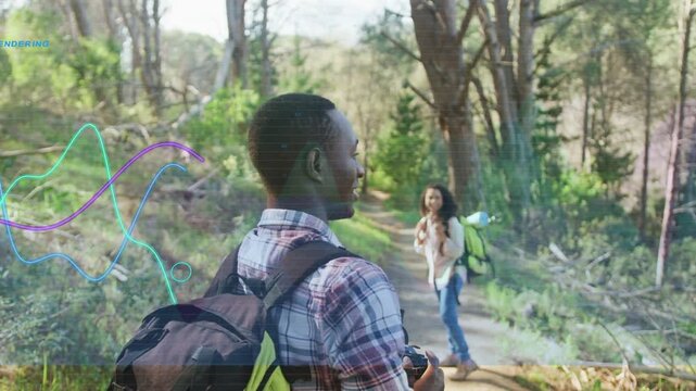 Man reaching cam after woman looking back, capturing trail moments while tech waveforms moving