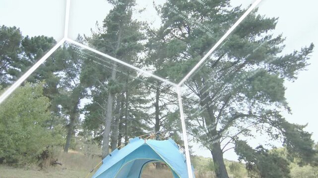 Pulse starting mesh dome over blue tent, projecting code to map camp, view lowering revealing kit