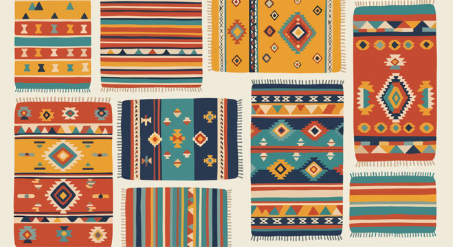 A colorful collection of 10 small rugs with vibrant patterns