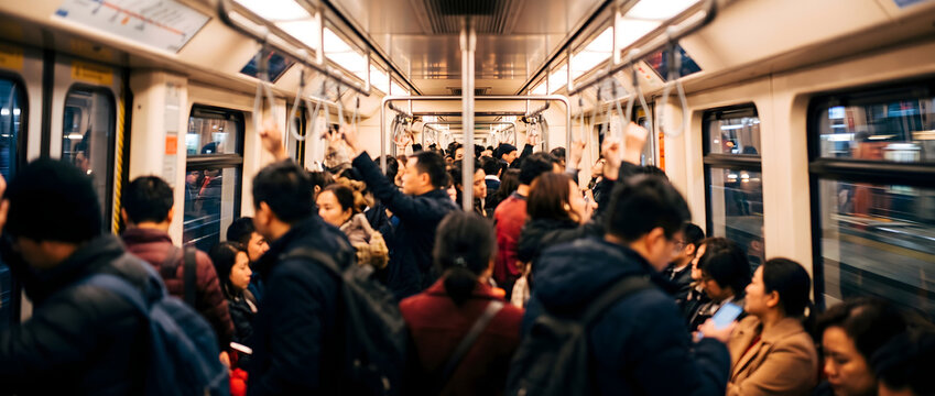 Crowded subway carriage filled with commuting passengers during rush hour in urban setting