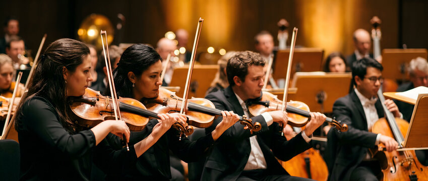 Symphony orchestra violinists concentrating on performance during a live concert