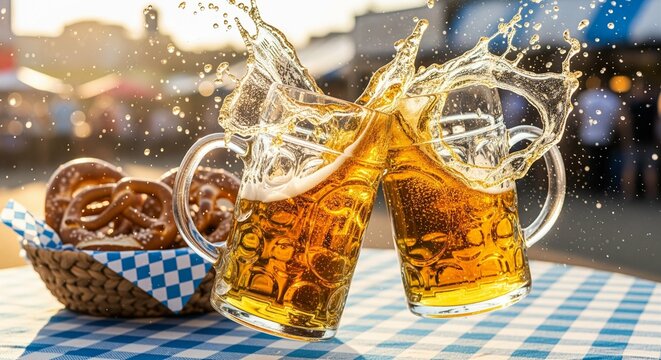 Two beer mugs toasting with splashing lager at outdoor festival