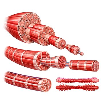 Anatomy of skeletal muscle structure showing muscle fiber, myofibril, and myofilaments actin and myosin, 3d medical illustration.