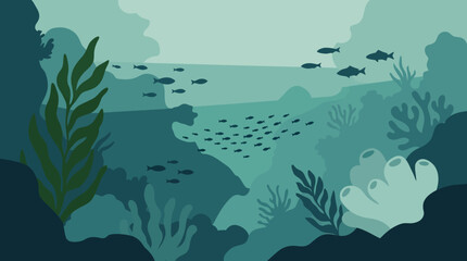 An illustration of an underwater ocean scene with fish and seaweed. © Abhinaya Project
