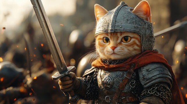 Determined armored cat knight gripping a sword on a fiery medieval battlefield, chainmail and helmet with ears, red scarf, sparks and blurred soldiers behind