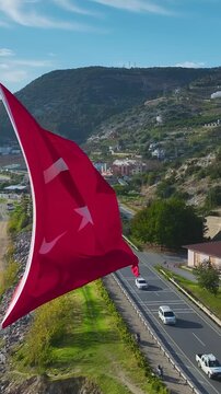 Vertical Video Panoramic View of Alanya Bay with Mountains and Urban Coastline