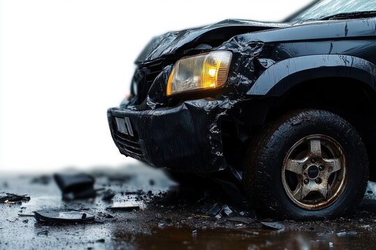Crashed dark SUV front end with illuminated amber headlight, crumpled bumper and hood, muddy rusted wheel and scattered debris on wet pavement conveying shock and distress