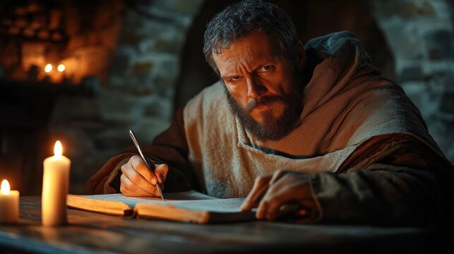 cloaked scholar writing by candlelight at a wooden table in a stone chamber, focused and contemplative