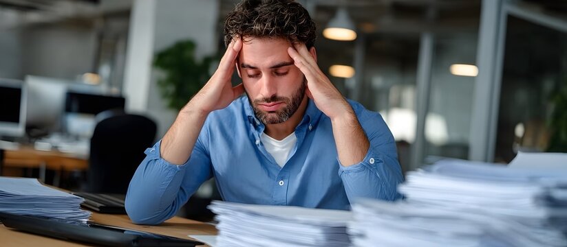 Overworked businessman with head in hands, stressed at desk with piles of paperwork. Represents frustration, deadlines, and work overload. Office environment.