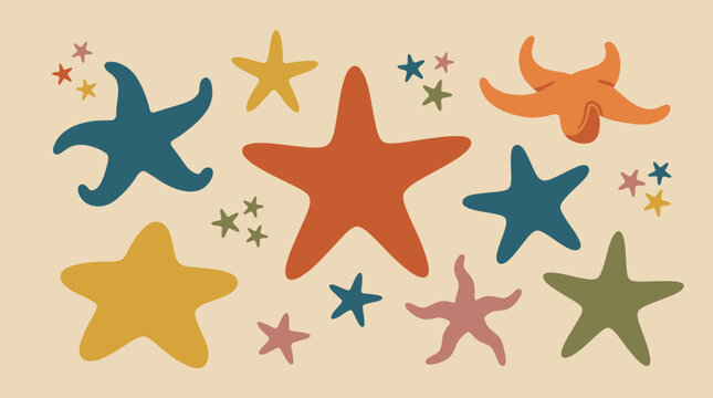 Colorful starfish and sea stars illustration.