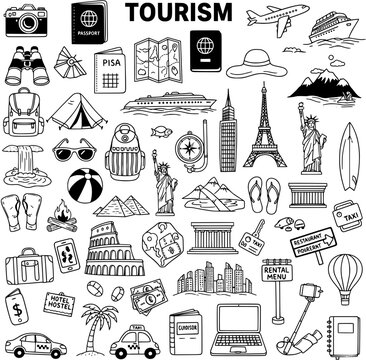 Vector black and white doodle style illustration set featuring numerous tourism, travel, and vacation icons including landmarks, transport, gear, and activities.