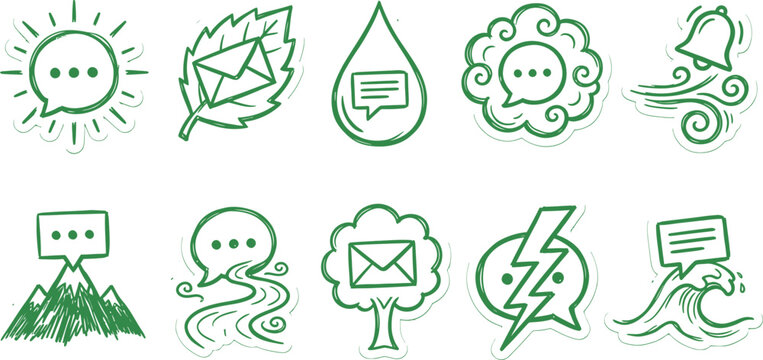 Hand drawn doodle sticker pack nature communication icons chat bubble sun leaf river cloud eco concept world environment day green illustration