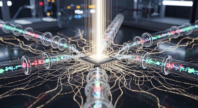 futuristic quantum computer chip with glowing circuits and wires