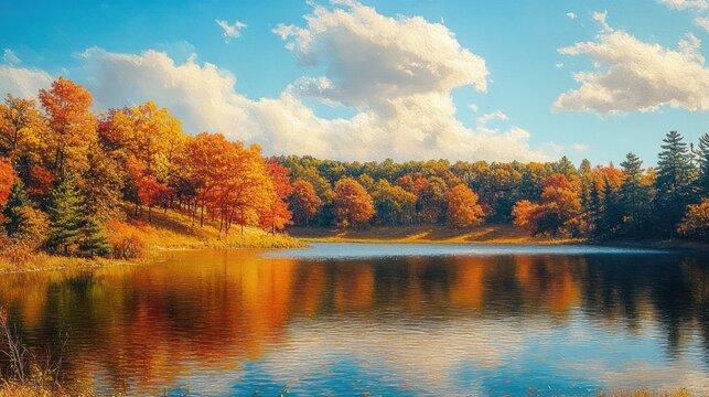 Serene autumn lake with vibrant orange and red trees reflecting on calm water under a bright blue sky with fluffy white clouds