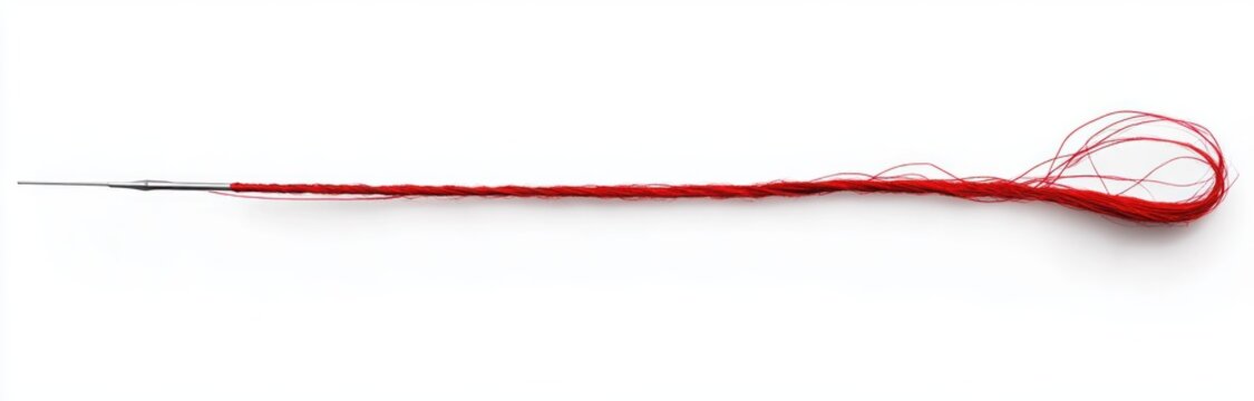 straight sewing needle threaded with long red thread forming a loose loop on a clean white background, evoking delicate precision and calm