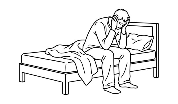 Distressed man sits on bed, head in hands, struggling with sadness and anxiety