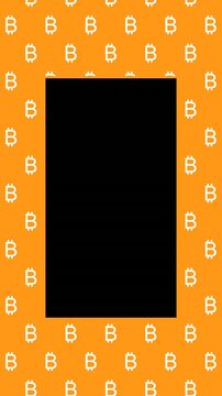 Animated Seamless Pattern Of Bitcoin Symbols Scrolling Down On An Orange Background With White Transparent Text Area In Center, Seamless Loop, Codec ProRes 4444 with alpha channe4K 9:16 Vertical Video