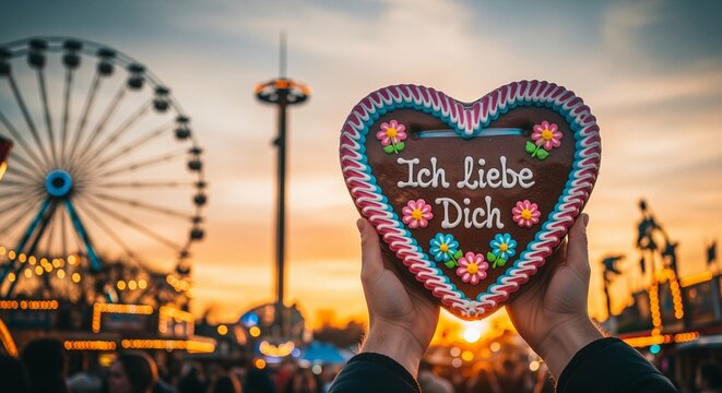 Gingerbread heart with ich liebe dich text at sunset fairground
