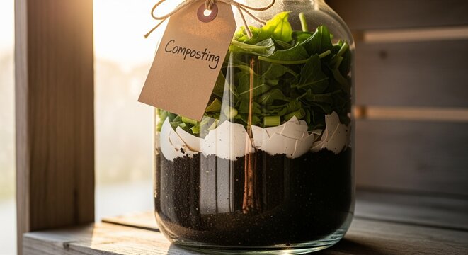 Glass jar with organic compost layers and composting label