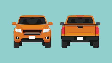 Orange pickup truck in front and rear view with modern utility design, suitable for transport, logistics, work use, and mobility concept, flat vector illustration © ST.art